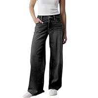 Uwdiohq Jean Femme Taille Haute Coupe Droite Straight Jeans Baggy Jambes Larges Amincissantes avec Tous Les Pantalon Automne Hiver Elastique Classique en Denim Noire Jeans+Femme