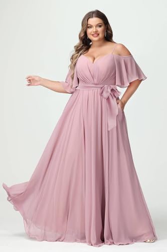 Women Plus Size Cold Shoulder Bridesmaid Dresses 2025 with Slit Chiffon Formal Party Dresses with Pockets DE524