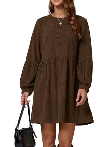 EZAPINE Damen Cordkleid 2025 Langarm A-Linie Winter Herbst Minikleider, Braun, Groß