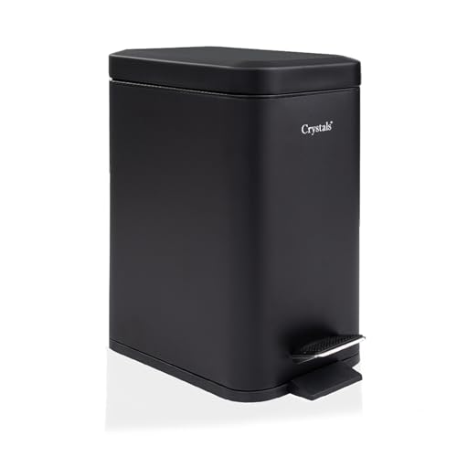 Crystals Soft Close Bin 3L Rectangular Bathroom Bin Slim Stainless Steel Compact Waste Bin for Office & Small Spaces (BLACK)