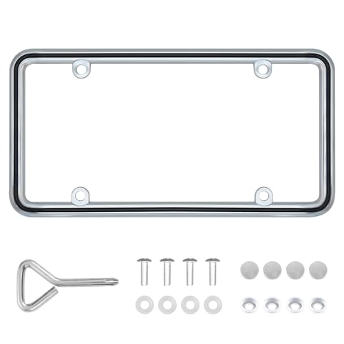 Hanwell Products 1pcs Heavy Duty Metal License Plate Frame, Made of Zinc Alloy with 4 Holes License Plate Holder Never Rust and Unbreakable, with Mounting Hardware Kit, Screws Caps(CHR-Black)