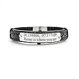 Custom Coordinates Bracelet for Men, Latitude Longitude, Black Silver Leather Cuff, Personalized Quote, Gift for Him