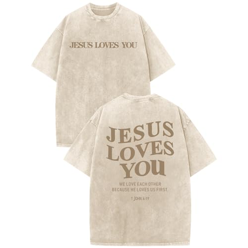 Weetiotio Christian Jesus Loves You Shirts for Men Religious Oversized Graphic Tees Jesus Faith Acid Wash T Shirt God Top(Apricot,M)