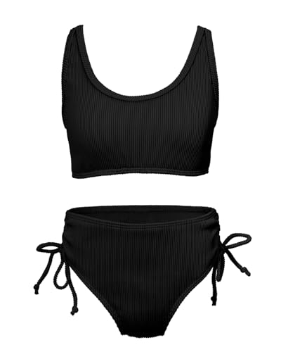 Two-Piece Swimsuit for Teen Girls - Solid Ribbed Bikini with Adjustable Straps and Drawstring Black 12-13 Years