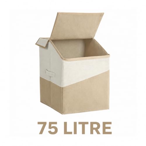 Image of 75 Liter Non Woven Laundry Basket with 2 Side Pockets for Socks and Handkerchief |Foldable Clothes Storage Bin Organizer for Dirty Clothes, Kids Toys, Bedroom & Bathroom (white beige)