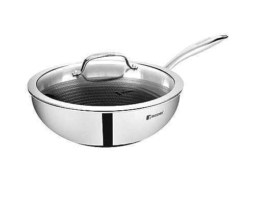 Bergner Hi-Tech TriPly Stainless Steel 24cm (3.1 L) Wok with Glass Lid, Honeycomb Non-Stick Coating Chinese Kadai, Non-Toxic, Healthy, Less Oil Use, Durable Handle, Excellent Grip - Induction Bottom