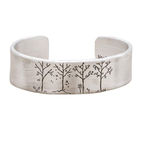Pewter Cuff Engraved Bracelet with Heart, Flowers and Branches Handcrafted Nature Inspired Bangle Jewelry Gift for Women Mom Wife Gift
