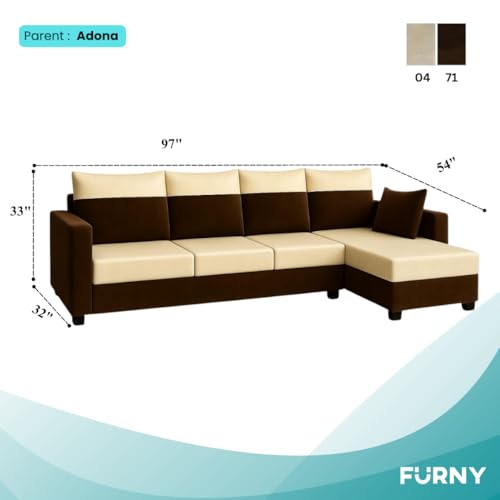 Image of FURNY Arissa 6 Seater Fabric RHS L Shape Sofa Set (Cream-Dark Brown) Premium Velvet Finish | Durable Comfort | Ideal for Living Room