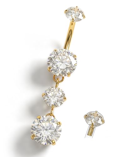 Jstyle G23 Titanium Dangle Belly Button Rings for Women 14G Internally Threaded Belly Ring Dangling Piercing Jewelry with Dangling CZ Hypoallergenic Navel Piercing Ring 14K Gold Plated