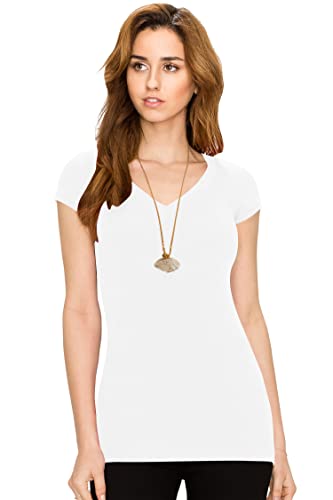 Lock and Love Women's Basic Slim Fitted Short Sleeve Casual V Neck Cotton T Shirt