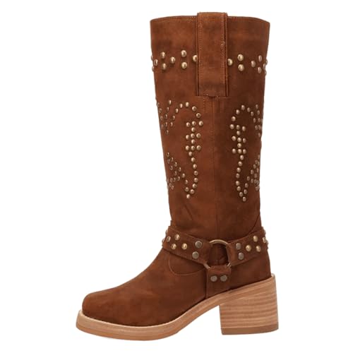 Dingo Womens Troubadour Studded Round Toe Pull On Casual Boots Over The Knee Mid Heel 2-3" - Brown3