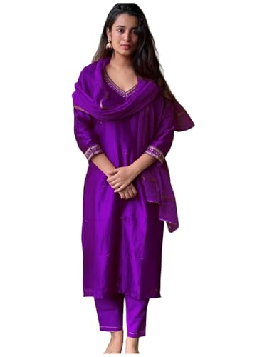 ANNI DESIGNER Women's Cotton Blend Straight Fit Embroidered Kurta with Pant & Dupatta (BAGICHA Begani_S_Begani_Small)