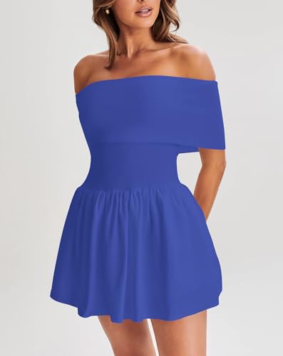 Image of Atizon Women's Summer Off The Shoulder Mini Dress Casual Short Sleeve Trendy Cocktail Party A Line Dresses