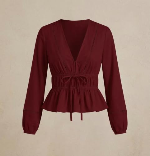 Image of Shasmi Women's Solid Deep V Neck Cotton Long Bishop Sleeve Drawstring Waist Ruffle Hem Peplum Top | Blouse | Casual Boho Cottagecore Shirt for Office, Vacation & Daily (Top 304)