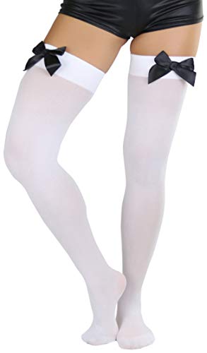 Image of ToBeInStyle Women's Opaque Long Thigh High Stockings w /Decorative Front Satin Bow