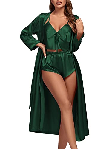 OPOIPIN Women's 3Pcs Pajamas Satin Cami Top and Shorts with Robe Sleepwear Set