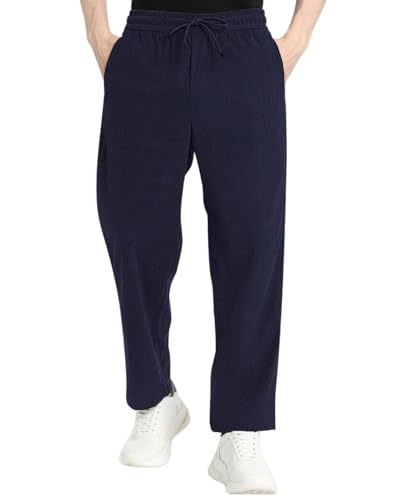 Urban Buccachi Men's Blue Corduroy Track Pants | Retro Self-Design with Flexi Waistband & Mid-Rise Fit | Ankle Length Casual Bottoms for Winter, Travel, Lounge, Office & Outdoor Styling