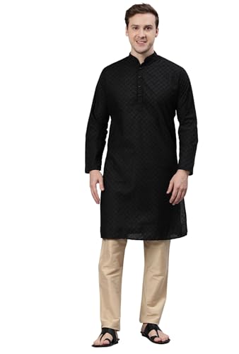 Image of Majestic Man Men's Cotton Blend Regular Fit Casual Polyester Mandarin Collar Ethnic Motifs Embroidered Long Regular Kurta