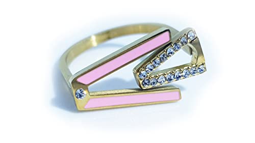 Anello acciaio inox rodiato oro, smaltato rosa con mezzicristalli, taglia unica