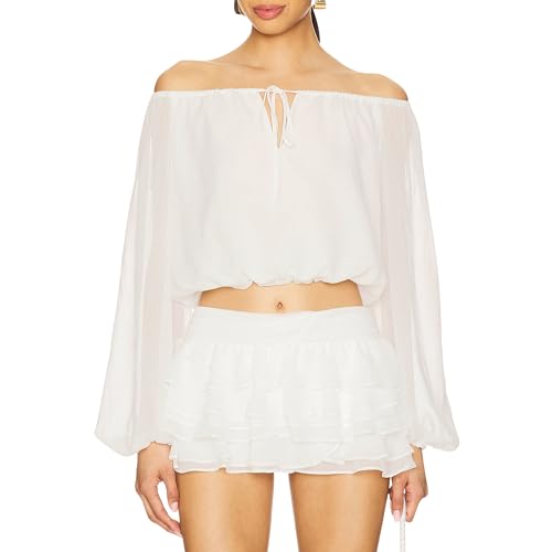 SUNNOW Women's Chiffon Off-Shoulder Elegant Flowy Blouse Tops Long Sleeve