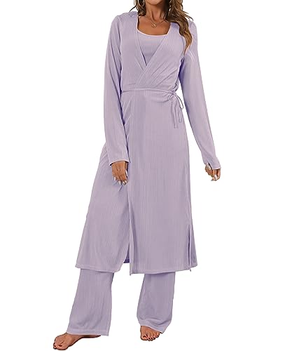 Image of 3 Piece Lounge Sets for Women Airport Travel Outfit | Long Cardigan,Tank Top ,Wide Leg Pants with Pockets,Comfy Loungewear,Casual Chic, Airplane Clothing,Vacation Matching Set