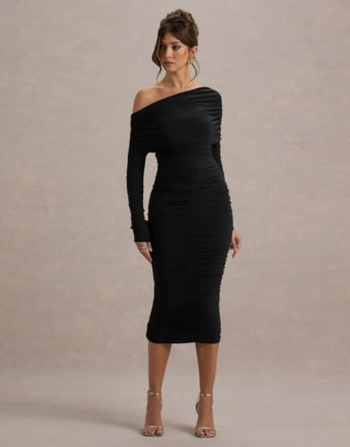 LAGSHIAN Women's Elegant Bodycon Long Sleeve Midi Dress Fall Off The Shoulder Ruched Cocktail Party Dresses4