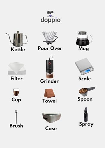 Image of DOPPIO 11-Piece Pour Over Coffee Maker Set - Complete Home Barista Kit with Gooseneck Kettle, Grinder, Dripper & Carry Case | Manual Brewing Set for Fresh & Rich Coffee Anywhere