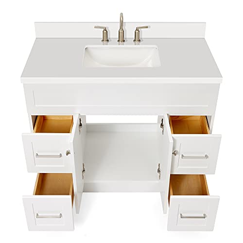 Ariel Single Sink Bathroom Vanity Cabinet In White Pure White Quartz Counter-Top | 2 Soft Closing Doors | 4 Full Extension Dovetail Drawers | Built In Toe Kick | No Mirror | 43" X 22" X 36" #TOP2