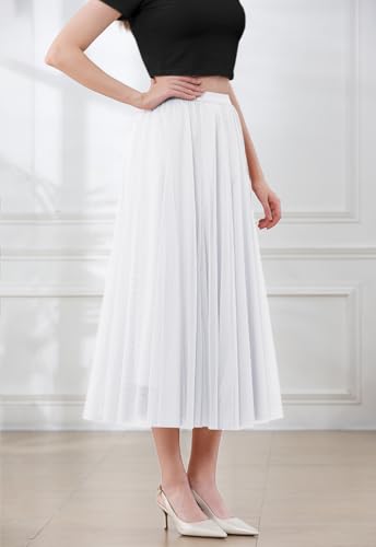SANGTREE Women's Tulle Skirts, Elastic High Waist A Line Basic Long Tutu Layered Mesh Maxi Swing Skirt White, X-Small2