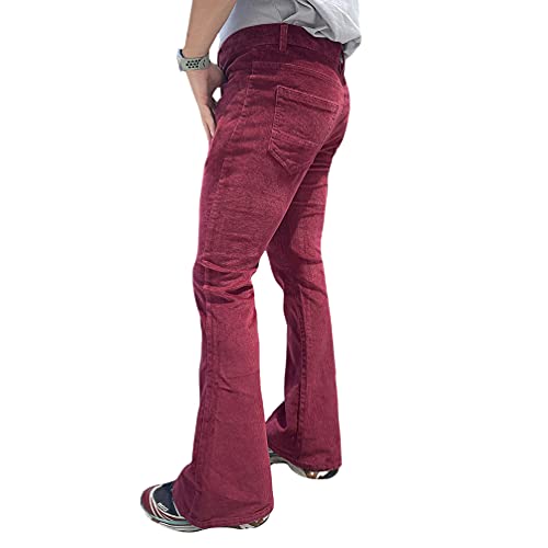 HAORUN Men Corduroy Bell Bottom Flares Pants Slim Fit 60s 70s Vintage Bootcut Trousers (Wine Red-Classic, 32)2