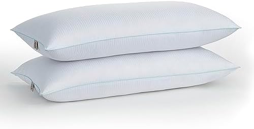 MARTHA STEWART Down Alternative Bed Pillows King Size Set Of 2 , Cooling Hotel Pillow, Memory Foam-Like Fiber Fill, Premium Side Sleeper Pillows For Adults, Pressure Relieving, Dobby Stripe, White