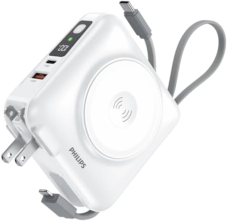 Philips(フィリップス) モバイルバッテリー コンセント一体型 15000mAh 大容量 Apple Watch対応 MagSafe マグネット式 ワイヤレス充電 アップルウォッチ 2.5W 急速充電 PD 45W出力 ACアダプター usb-c & lightningケーブル内蔵/パススルー機能/プラグ変換可能 PSE認証済 DLP4351C ホワイト