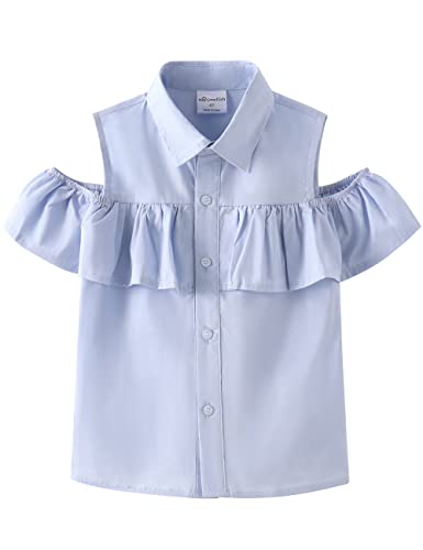 Noomelfish Girls Ruffle Cold Shoulder Top Blouse Short Sleeve Button Down Shirts, Light Blue, Size 7-8 Years #TOP7