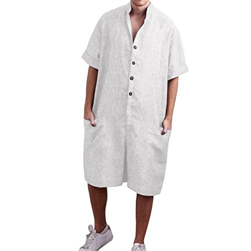 Mono de lino para hombre, corto, de verano, de una pieza, de manga corta, camisa de verano, pantalones de trabajo, camisas hawaianas, chándal con botones, pantalones cortos cargo, Blanco, L