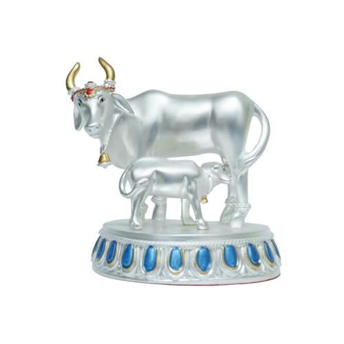 Image of Silver Plated Cow and Calf Idol | Satin Finish Holy Kamadhenu Statue on Royal Blue Base | Spiritual Decor for Home & Pooja Room | 15.3 x 9 x 12.3 cm