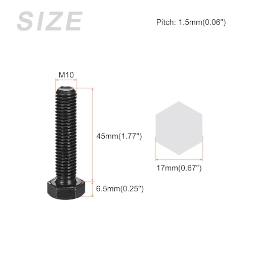 Image of METALLIXITY Hex Bolts (M10-1.5x45mm) 10Pcs, 12.9 Grade Carbon Steel Fully Threaded Black Oxide, Coarse Thread UNC Hex Head Screw Bolt - for Mechanical Repair