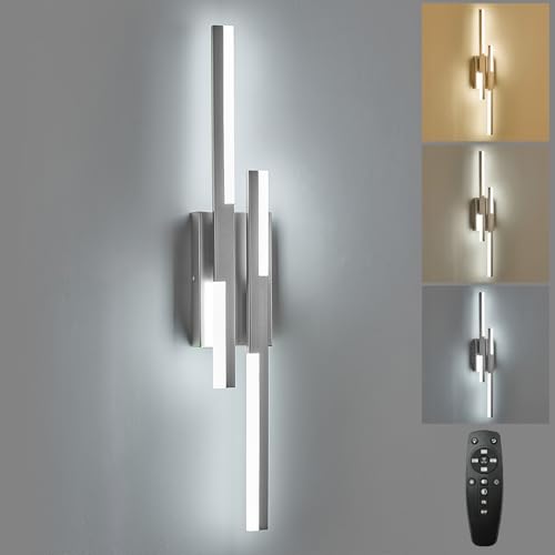 Image of Benkut Modern LED Wall Sconce Silver Remote Wall Light Fixtures for Bathroom, Dimmable Vanity Light Indoor LED Remote Wall Sconce for Bedside Bedroom Living Dining Room (27.6inch 3000-6500K 1 Pack)