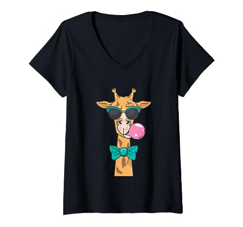 Giraffe Blowing Bubble Gum with Sunglasses Bowtie Cute Boy's V-Neck T-Shirt