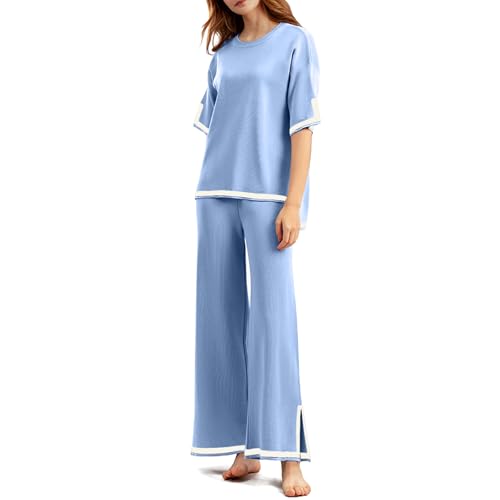 La Mejor Selección de Punto para Mujer Top 5. 40 UOBXZOQ Conjunto de suéter de Punto de 2 Piezas para Mujer,Suéter de Punto de Mangas Cortas, sin Botones,Cintura elástica, Pierna Ancha