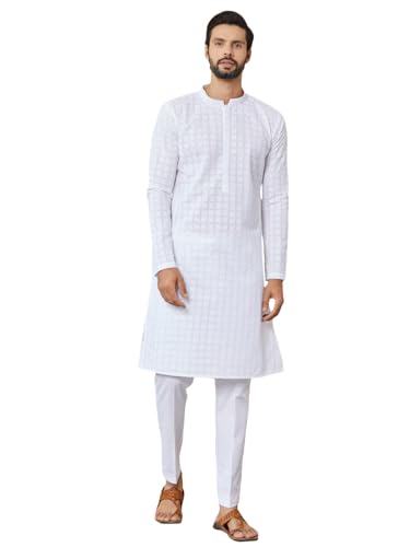 See Designs Men's Long Sleeve Mandarin Collar Side Slit White Embroidered Chikankari Pure Cotton Straight Kurta With Pyjama - Sdkt256101Xs