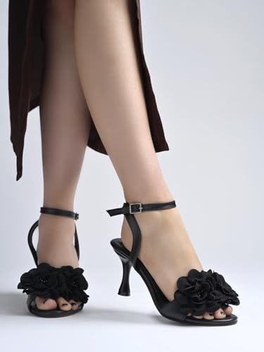 Image of Shoetopia Women's Floral Embellished Heeled Sandals | Elegant Ankle Strap Party Heels | Open Toe Dress Sandals for Wedding, Evening & Festive Footwear