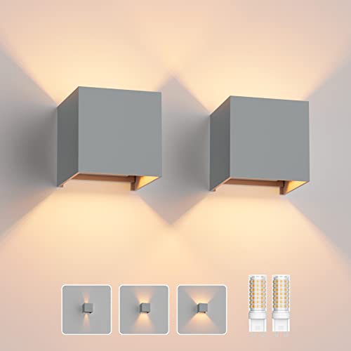 Klighten 2PCS Wandleuchte mit Austauschbarer G9 LED Lampe Warmweiß 3000K, Aluminium LED Wandlampe Innen/Aussen Einstellbar Abstrahlwinkel aussenbeleuchtung für Wohnzimmer Garten, Grau