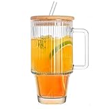 TELAIN 32oz Vaso de Vidrio con Asa, Tapa de Bambú y Pajita, Vaso de Vidrio para Bebidas Calientes/Frías, Tazas de Café Helado