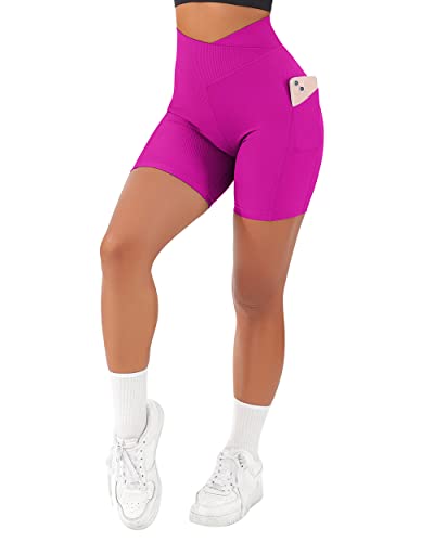 Suuksess Women Cross Waist Workout Shorts With Pockets Ribbed High Waisted Booty Biker Shorts (#1 Hot Pink, M) #TOP1