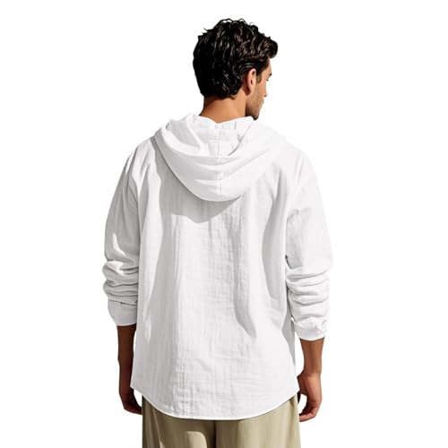 Men's Linen Hooded Shirt, Summer Cotton Linen Shirt，Fashion Lightweight Hoodie (White,XX-Large)2