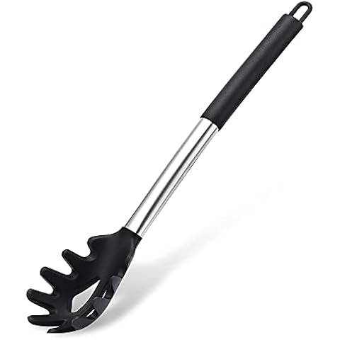 TENTA KITCHEN Good Grip Pasta Fork Spaghetti Server Silicone+Strong and Durable Nylon Core with Stainless Steel + Silicone Handle for Non-Stick Cookware Utensil Cover