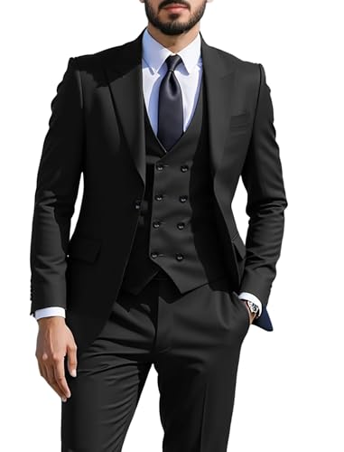 i · FineLong Men's 3 Piece Slim Fit Suit Black