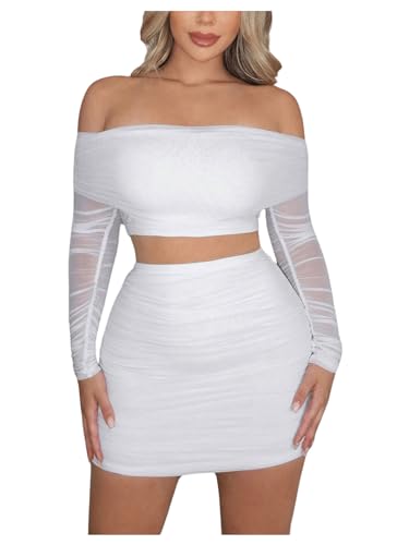 MakeMeChic Women's Party 2 Piece Outfits Mesh Off Shoulder Crop Top and Ruched Bodycon Skirt Set