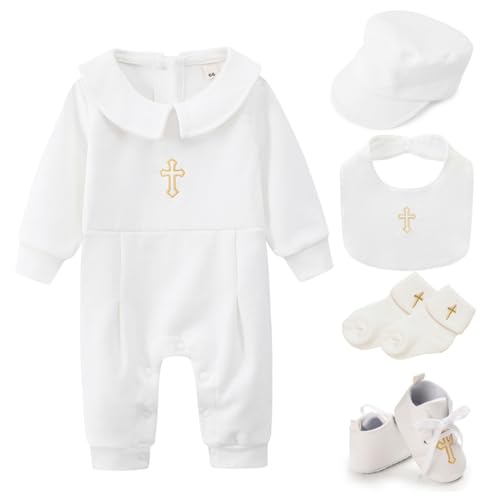 Traje de bautizo para bebé niño que evita rozaduras gracias a su algodón blanco