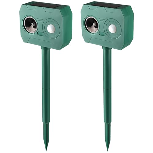Paquete de 2 repelentes de gatos alimentados por energía solar, disuasivos de animales al aire libre, sensor de movimiento ultrasónico con altavoces duales, impermeable, amplia gama, luces LED